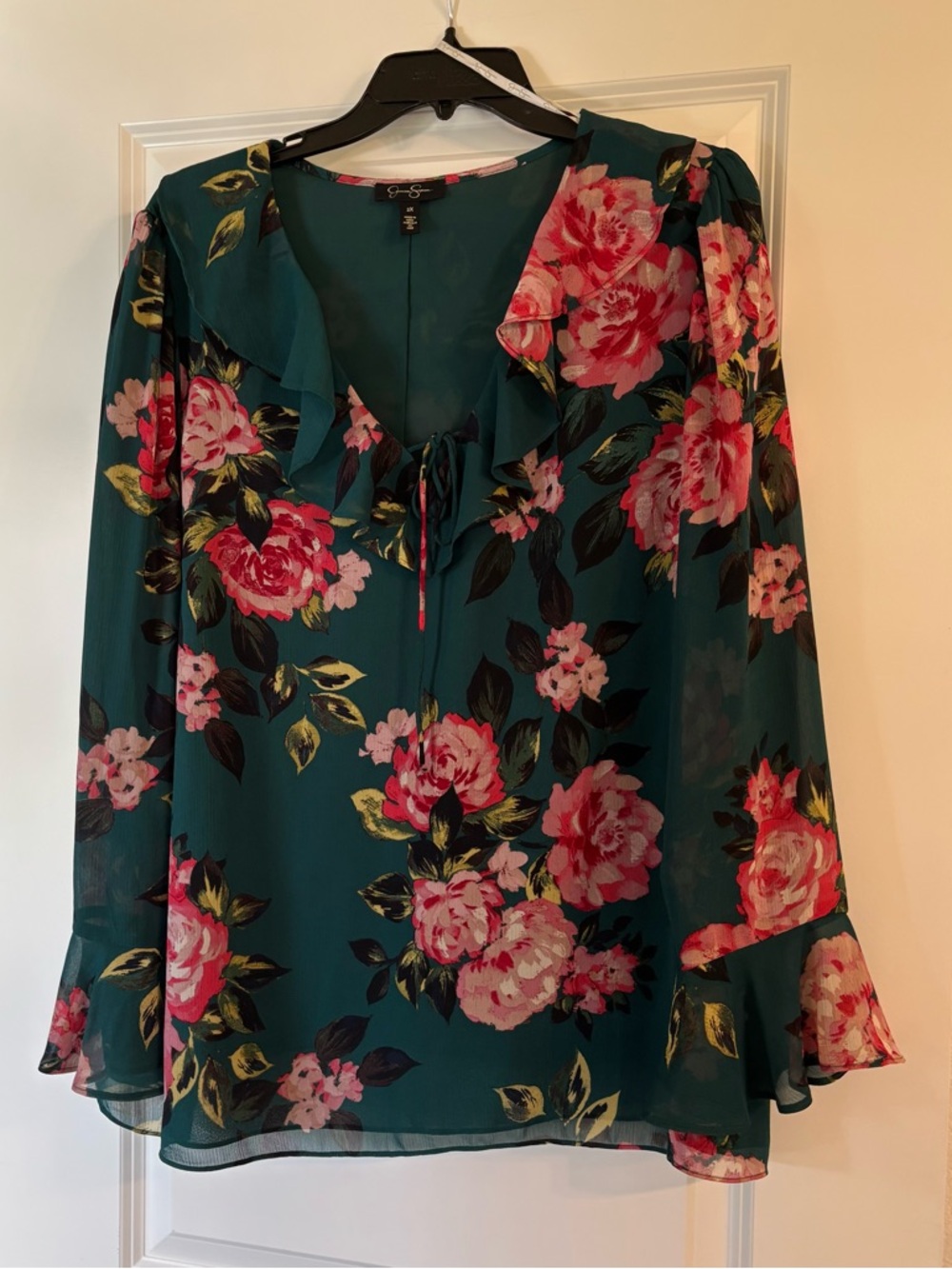 Jessica Simpson Teal Floral Ruffle V-Neck Blouse with Pink Roses